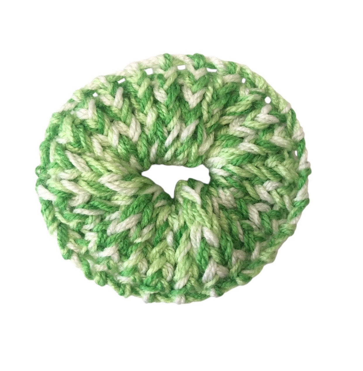 Hand-Knit Premium Acrylic Scrunchie – Lime Green & White