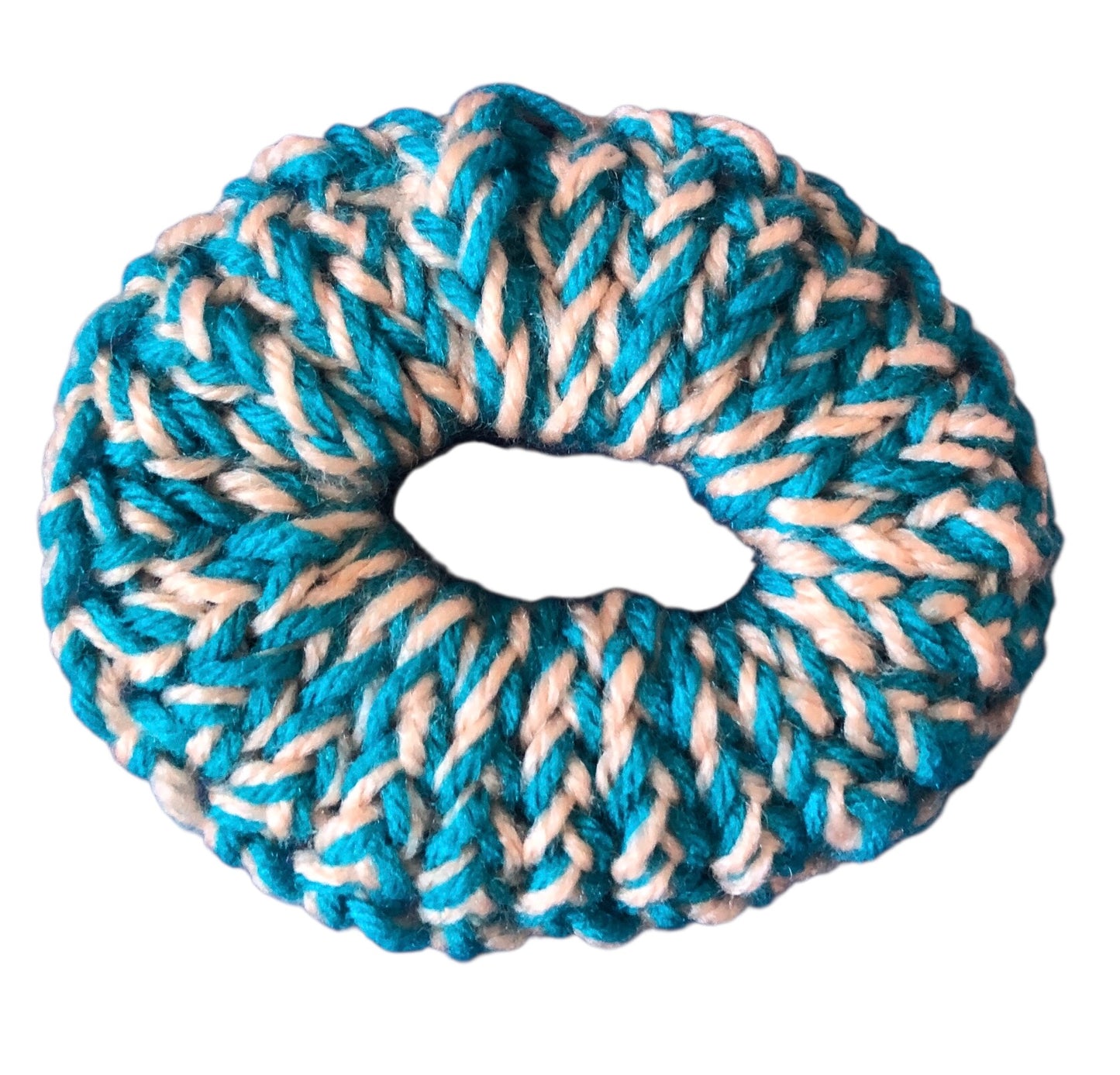 Hand Knit Turquoise and Cream Scrunchie – Soft Acrylic Yarn Hair Accessory