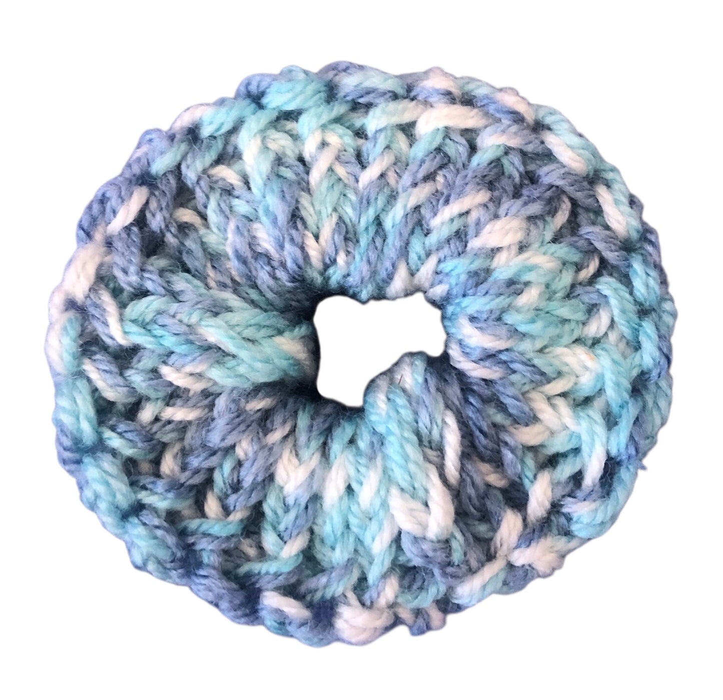Hand Knit Blue & White Scrunchie – Soft Acrylic Hair Accessory, Handmade Hair Tie