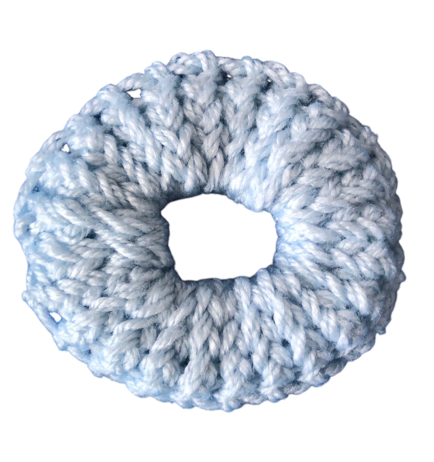 Hand-Knit Light Blue Acrylic Scrunchie – Small Soft Hair Tie