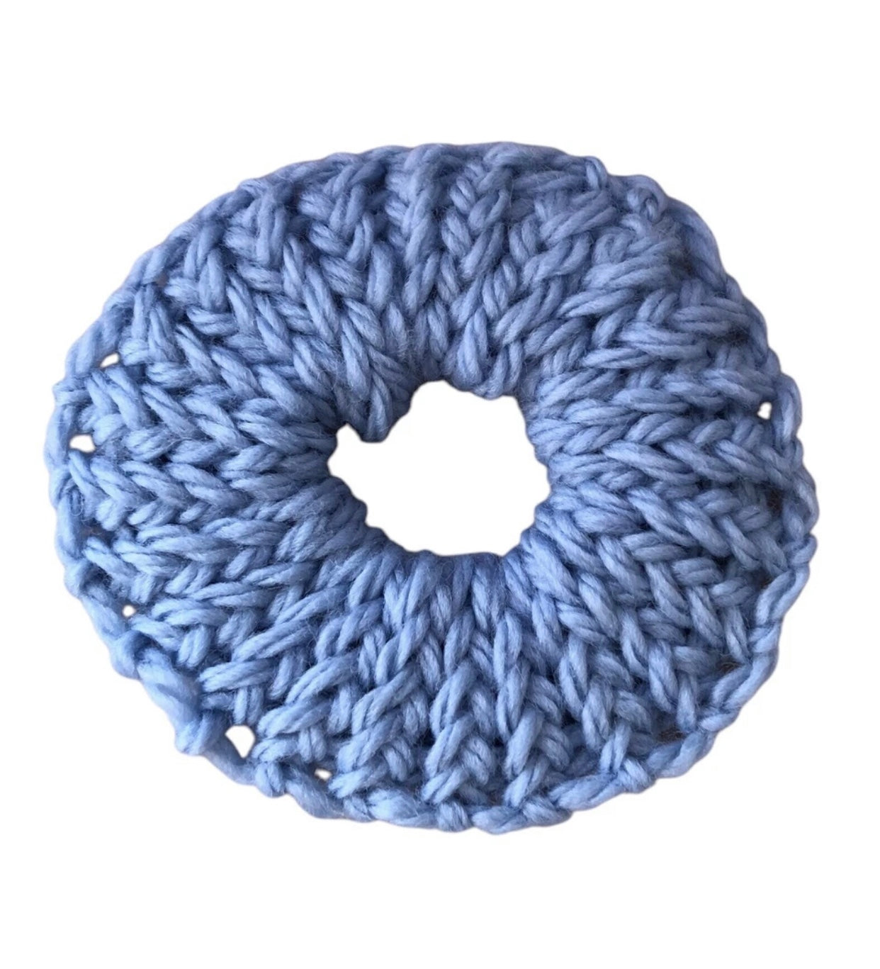 Hand-Knit Light Blue Wool Scrunchie – Small Soft Hair Tie – Gift for Her