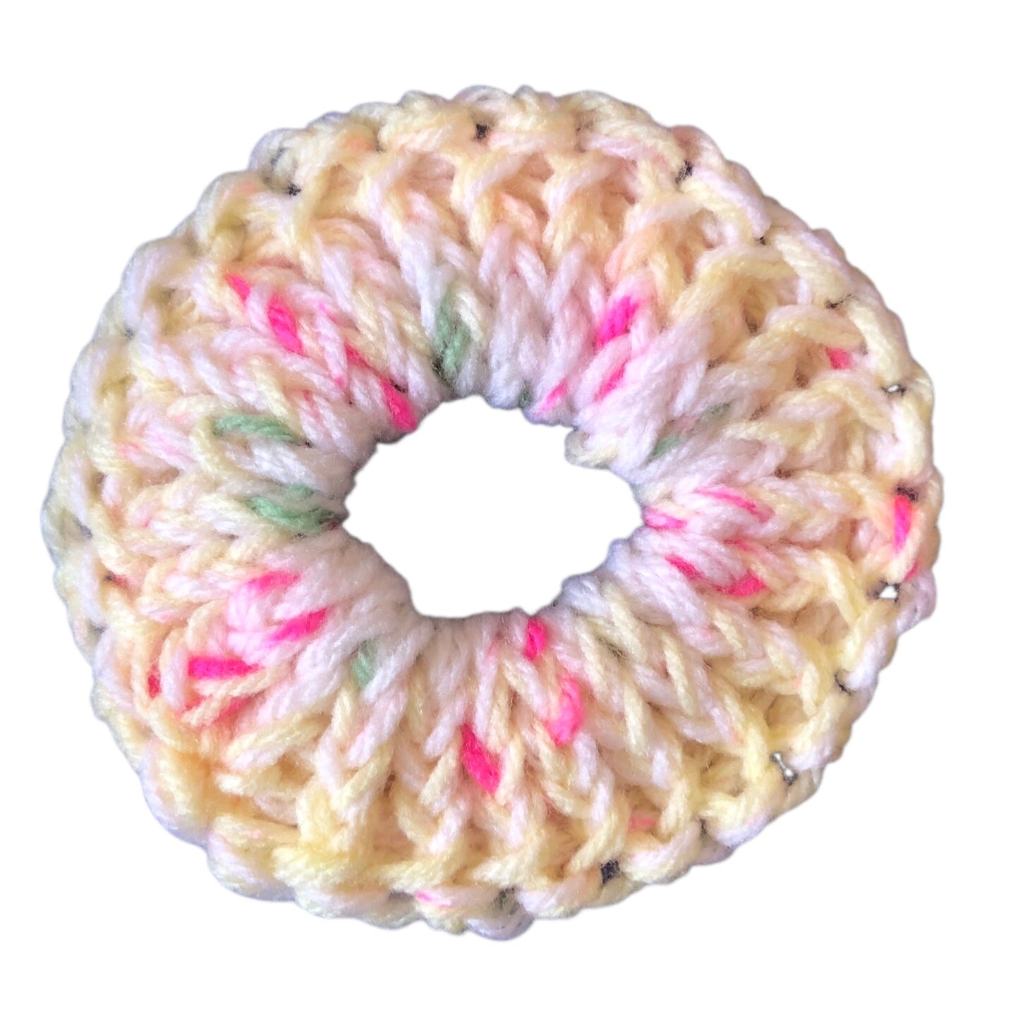 Hand Knit Scrunchie – Cream with Pink & Green Accents – Soft Hair Accessory
