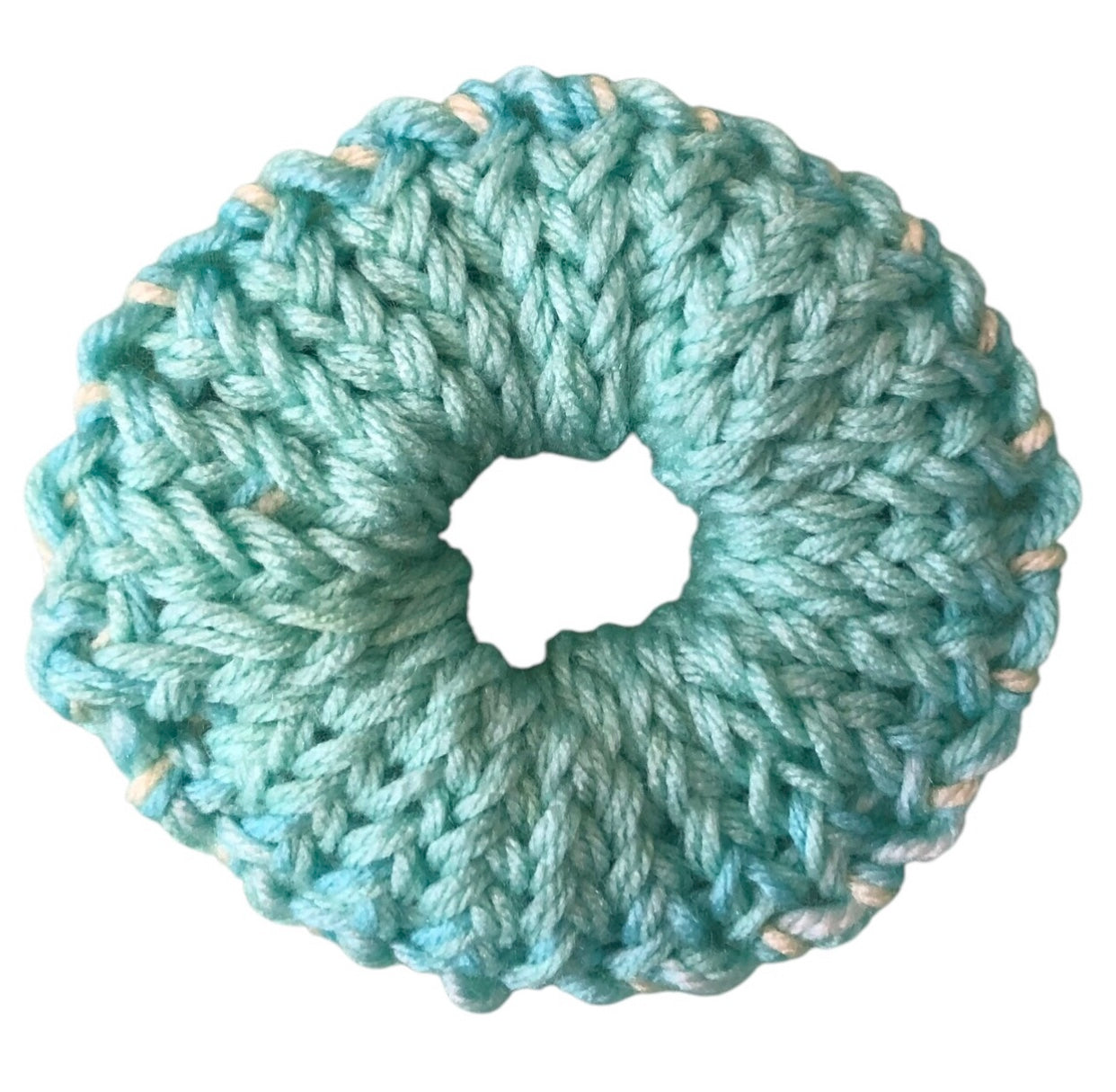 Hand Knit Turquoise Scrunchie – Soft Acrylic Yarn Hair Accessory