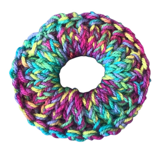 Hand Knit Scrunchie – Rainbow Multicolour – Bright & Soft Hair Accessory