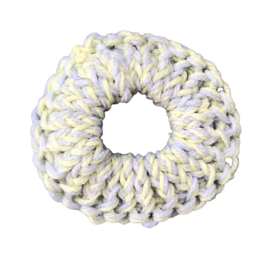 Hand-Knit Light Purple & Yellow Scrunchie – Small Soft Acrylic Hair Tie Gift