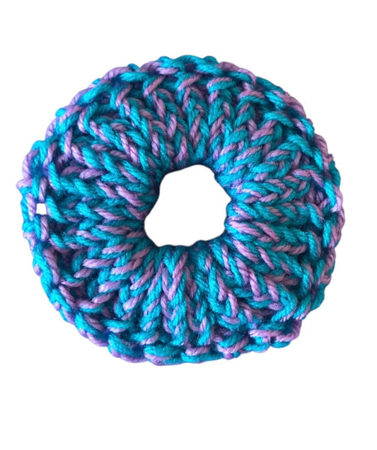 Hand-Knit Teal & Purple Small Scrunchie – Premium Acrylic Yarn