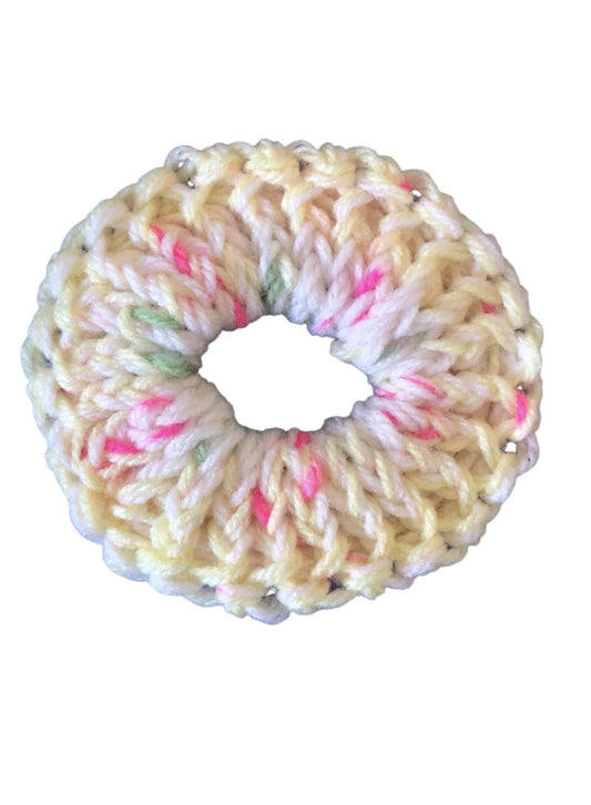 Hand-Knit Scrunchie – Lemon Sherbet with Pops of Pink & Green