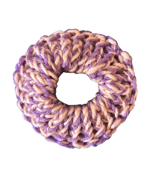 Hand-Knit Scrunchie – Violet Peach Swirl