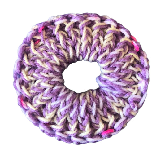Hand Knit Scrunchie – Purple, Yellow & Pink – Soft Hair Accessory