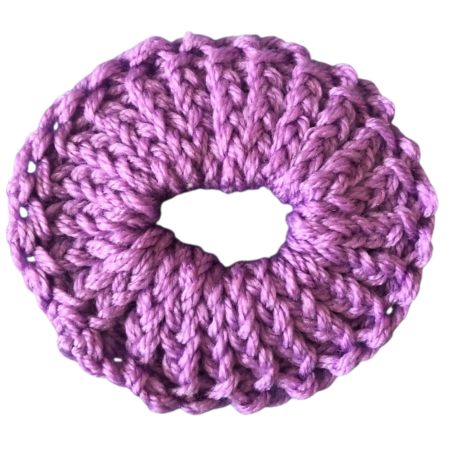 Hand Knit Rose Pink Scrunchie – Soft Acrylic Yarn Hair Accessory