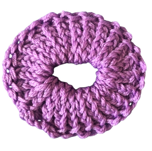 Hand Knit Rose Pink Scrunchie – Soft Acrylic Yarn Hair Accessory