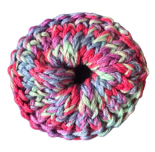 Hand Knit Bright Multicoloured Scrunchie – Soft Acrylic Yarn Hair Accessory