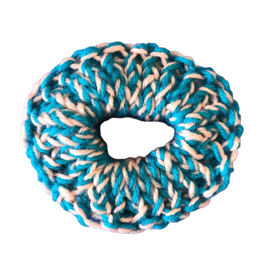 Hand-Knit Scrunchie – Teal & Tangerine Twist