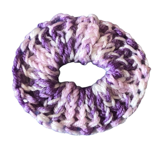 Hand Knit Purple and White Scrunchie – Soft Acrylic Yarn Hair Accessory