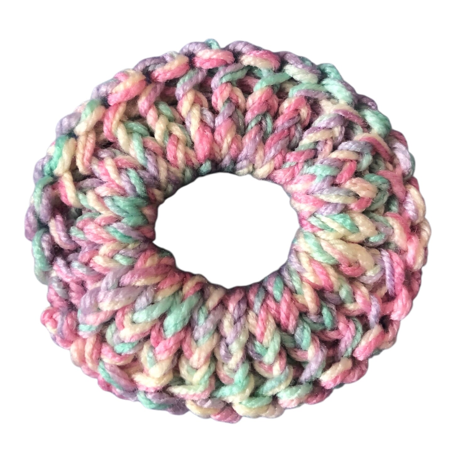 Hand Knit Rainbow Pastel Scrunchie – Soft Acrylic Yarn Hair Accessory