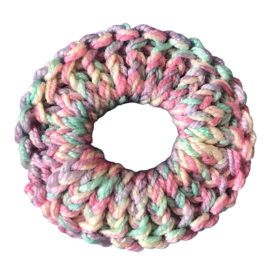 Hand Knit Rainbow Pastel Scrunchie – Soft Acrylic Yarn Hair Accessory