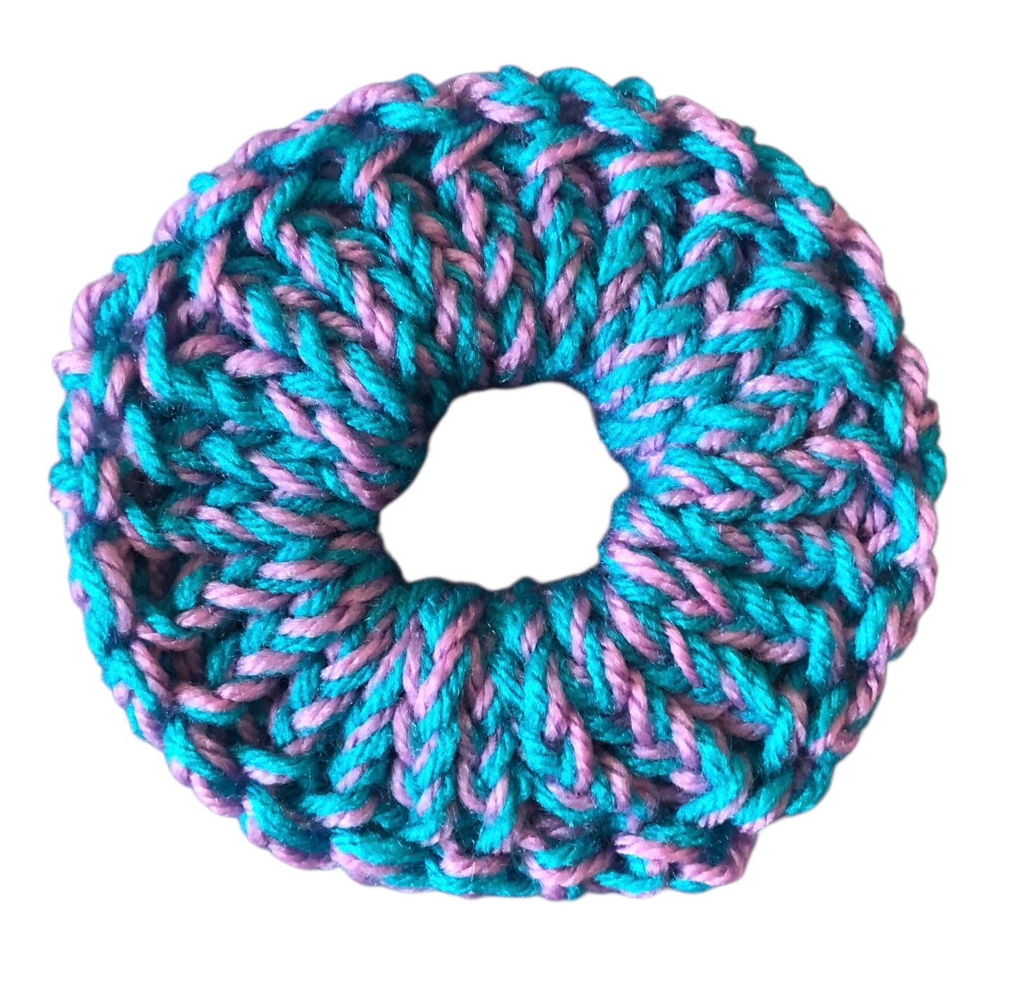Hand Knit Scrunchie – Teal & Purple – Soft Hair Accessory