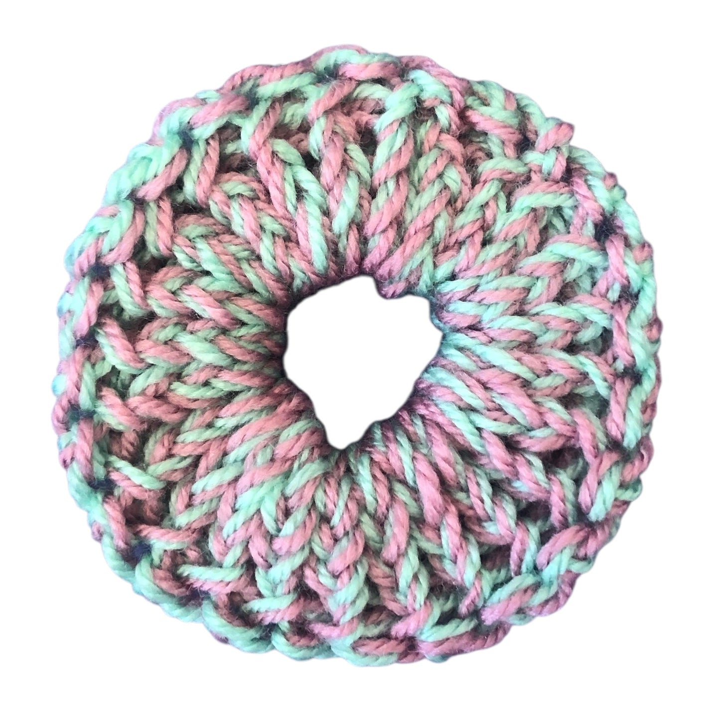Hand Knit Pink and Mint Scrunchie – Soft Acrylic Yarn Hair Accessory