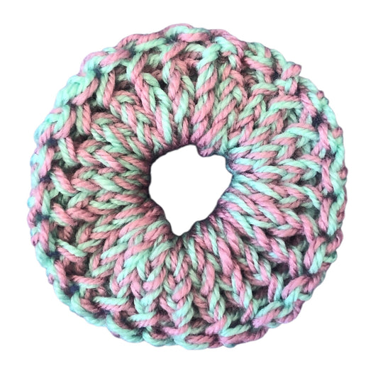 Hand Knit Pink and Mint Scrunchie – Soft Acrylic Yarn Hair Accessory