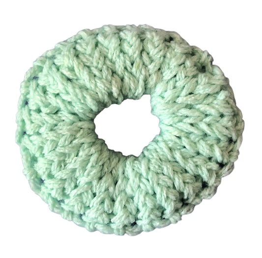 Hand Knit Mint Green Scrunchie – Soft Acrylic Hair Accessory, Handmade Elastic Hair Tie