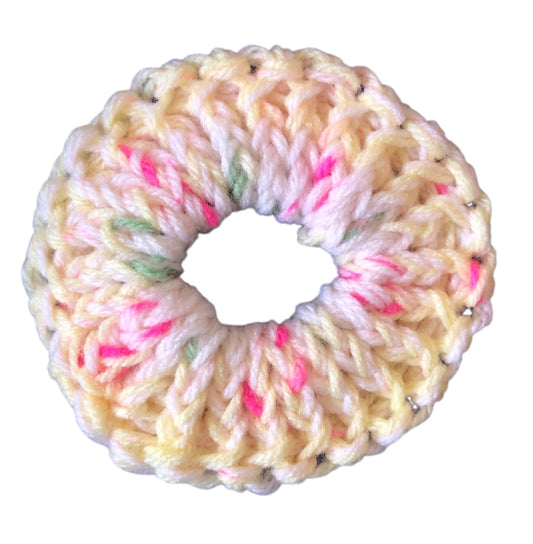 Hand Knit Scrunchie – Cream with Pink & Green Accents – Soft Hair Accessory