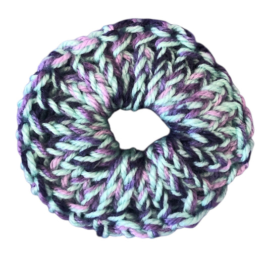 Hand Knit Multicoloured Scrunchie – Purple, Mint and Pink Acrylic Yarn Hair Accessory