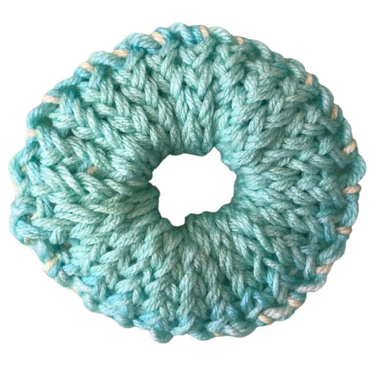 Hand Knit Turquoise Scrunchie – Soft Acrylic Yarn Hair Accessory