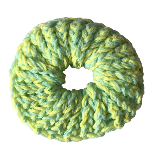 Hand-Knit Green And Yellow Premium Acrylic Small Scrunchie - Soft & Stylish