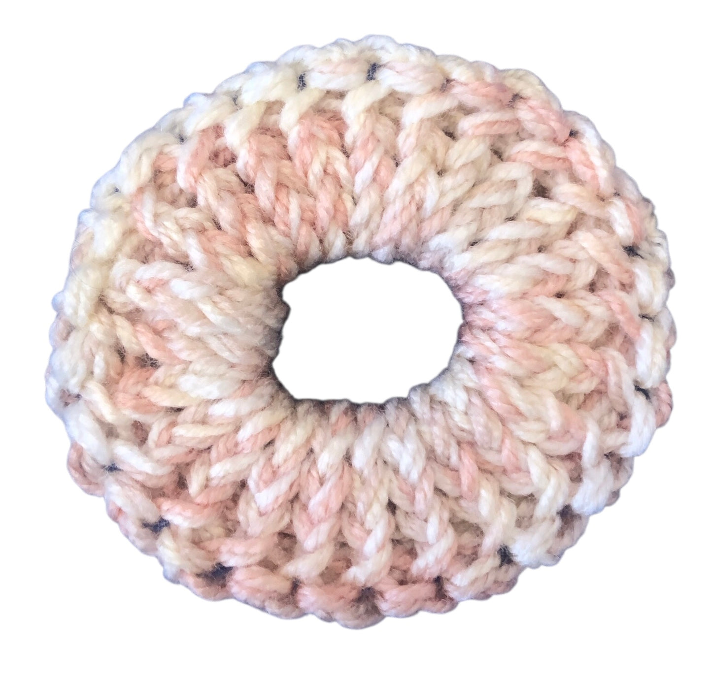 Hand Knit Pastel Pink and Cream Scrunchie – Soft Acrylic Yarn Hair Accessory