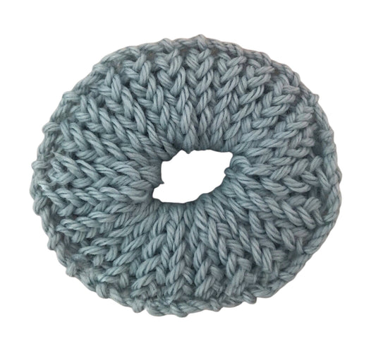 Hand-Knit Light Blue Scrunchie – Merino Wool & Acrylic Blend